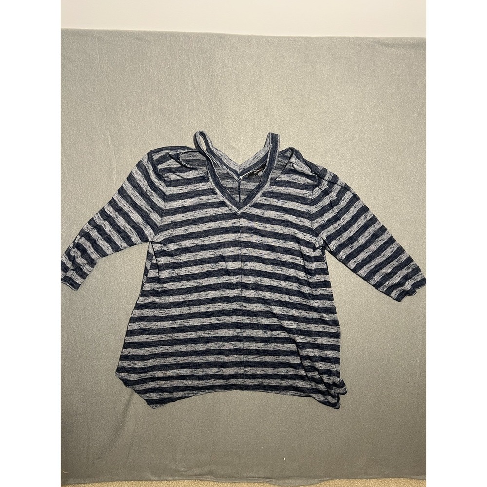 Style & Co Women's Navy Blue Gray Striped Cold Shoulder V-Neck Top Size XL